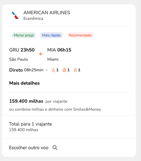 Passagem encontrada por 159.400 milhas
